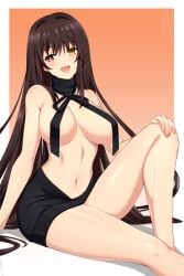 1girls 2d 2d_(artwork) belly black_hair breasts covered_nipples date_a_live exposed_breasts exposed_torso light-skinned_female long_hair looking_at_viewer medium_breasts no_shoes no_socks red_eyes sitting solo solo_female thighs tokisaki_kurumi virgin_killer_sweater