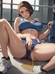 1girls ai_generated blue_eyes brown_hair female_masturbation gym gym_clothes gym_shorts gym_uniform jill_valentine_(sasha_zotova) looking_at_viewer masturbation peeing peeing_self resident_evil resident_evil_3_remake sports_bra sportswear spread_legs sweat urine wet