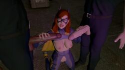 3d barbara_gordon batgirl batgirl_(gotham_knights) batman_(series) captured damsel_in_distress dc dc_comics dual_handjob gotham_knights handjob imminent_oral police police_uniform scared_expression