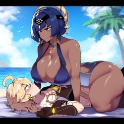 1boy 1girls aether_(genshin_impact) ai_generated candace_(genshin_impact) dark-skinned_female horny_female interracial long_hair mihoyo pleasure_face sex straight