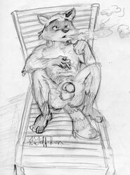 aiden_harris balls cigarette closet_coon male male_only mammal monochrome nude penis raccoon relaxing smoke smoking traditional_media_(artwork)