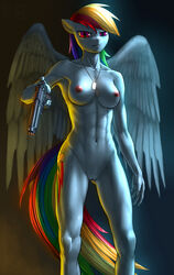 2016 abs absurdres anthro anthrofied areola ass_visible_through_thighs breasts cutie_mark dog_tags equine feathered_wings feathers female friendship_is_magic furry gun highres holding_object holding_weapon looking_at_viewer m9 mammal multicolored_hair multicolored_tail murskme my_little_pony navel nipples nude pegasus pussy rainbow_dash_(mlp) rainbow_hair rainbow_tail ranged_weapon solo straight_hair toned weapon wings