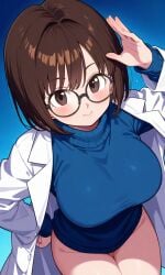 1girls ai_generated akira_toriyama_(style) bottomless brown_hair female glasses kosineverse labcoat large_breasts lily_(kosine1777) nerd nerdy_female original original_character scientist short_hair smile turtleneck turtleneck_sweater