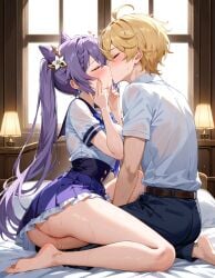 1boy 1girls aether_(genshin_impact) ai_generated bedroom keqing_(genshin_impact) kissing long_hair mihoyo pleasure_face sex straight