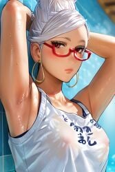 ai_generated armpits arms_behind_head arms_up ayase_seiko blush breasts covered_nipples earrings female glasses goldenhand hoop_earrings jewelry lips looking_at_viewer nipples red-framed_eyewear red_eyes see-through semi-rimless_eyewear solo sweat tank_top upper_body wet wet_clothes white_hair