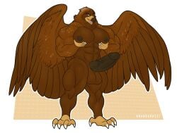 abs accipitrid accipitriform anthro avian balls beak big_muscles big_pecs big_penis bird black_nipples black_penis brown_balls brown_body brown_feathers eagle feathers feet genitals golden_eagle hand_on_chest hi_res looking_down looking_down_at_self male muscular muscular_anthro muscular_male nandarazzi navel nipples open_beak open_mouth pecs penis pink_tongue solo standing talons toes tongue true_eagle vein veiny_penis wings