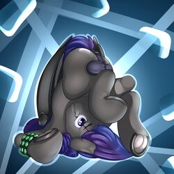 2016 amazin-arts anus balls blue_background blue_eyes blue_hair bracelet cute equine fur grey_fur grey_skin hair hi_res hooves horseshoe jewelry looking_at_viewer male male_only mammal my_little_pony pegasus raised_tail scar scar_across_eye semi-anthro simple_background smile solo upside-down wings