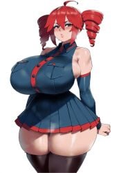 ai_generated cuffyai huge_breasts kasane_teto mascara red_eyes red_hair skirt sweat