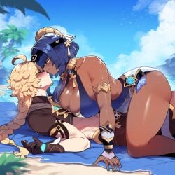 1boy 1girls aether_(genshin_impact) ai_generated big_breasts blonde_hair blonde_hair_male breasts candace_(genshin_impact) dark-skinned_female fat_ass female genshin_impact horny_female interracial light-skinned_male long_hair male male/female mihoyo pleasure_face sex straight thick_thighs