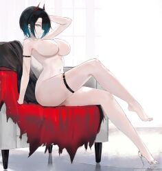 absurdres armchair azur_lane bare_shoulders barefoot black_hair breasts chair cleavage ear_piercing female glass_slipper high_heels highres horns leg_up looking_at_viewer navel no_nipples nude piercing short_hair sitting slit_pupils smile solo suo_bu_ye_feng thigh_strap ulrich_von_hutten_(azur_lane) variant_set yellow_eyes