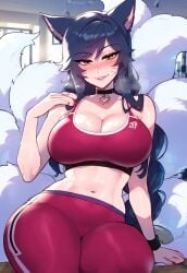 1female 1girls ahri ai_generated anemoi blush boobs breasts child_bearing_hips commission female fox_ears fox_girl front_view gym gym_bottomwear gym_clothes gym_uniform league_of_legends leggings looking_at_viewer midriff navel riot_games sitting solo solo_female solo_focus sports_bra sportswear steam steamy_breath sweat sweatdrop sweating sweaty tails thick_thighs tight_clothes tight_clothing tits vastaya whisker_markings workout_clothes yoga_pants