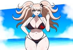 1girls ai_generated beach bikini danganronpa hand_on_hip junko_enoshima large_breasts looking_at_viewer middle_finger novelai one_eye_closed solo_female thick_thighs thigh_gap tongue_out wide_hips