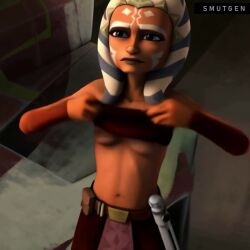 ahsoka_tano ai_generated animated clone_wars flashing flashing_breasts no_sound orange_skin perky_breasts removing_clothing small_breasts smutgen star_wars tagme tits_out titty_drop togruta tube_top undressing video