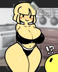 !? :> arms_behind_back black_bra black_clothes black_panties black_underwear blonde_hair blush bob_(dsand) bob_cut bra breasts cleavage closed_mouth clothing colored_skin ella_(dsand) english_text female full-face_blush huge_breasts large_breasts my_ghost_friend navel pantsu short_hair smile solo steca strapless sweat sweating_profusely text thelazyart thick_thighs thighs trembling underwear underwear_only wide_hips yellow_skin