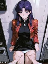 1boy against_door ai_generated artist_name bathroom black_dress blue_eyes blue_hair blush breasts closed_mouth clothes_lift cross cross_necklace dress dress_lift fate/stay_night female grabbing_another's_ass greek_cross groping indoors jacket jewelry katsuragi_misato large_breasts long_hair long_sleeves looking_at_viewer medium_breasts meme mionety necklace neon_genesis_evangelion open_clothes open_jacket orange_jacket panties parted_bangs parted_lips patreon_username pov pov_hands purple_hair red_jacket shadow short_dress sitting solo_focus straight sweat thighs tile_floor tiles turtleneck underwear web_address white_panties