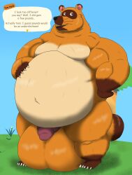 alythewolfcat animal_crossing anthro balls belly big_balls big_belly big_penis canid canine english_text genitals hi_res huge_balls huge_belly huge_cock male mammal musclegut muscular muscular_male navel nintendo nude outie_navel penis raccoon_dog solo tanuki text tom_nook_(animal_crossing)