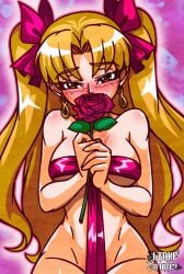 2d blonde_hair blush blushing_at_viewer bow bust earrings eyebrows_visible_through_hair female flower gift gift_wrapped hair_ornament hips human itakeabite light-skinned_female light_skin looking_at_viewer love medium_breasts narrow_waist orange_eyes present romantic rose slim slim_waist solo solo_female solo_focus twintails waist wrapped_up