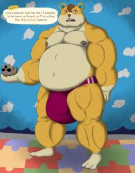 alythewolfcat animal_crossing anthro belly big_belly big_bulge bone bulge clothing cricetid detailed_bulge english_text genital_outline hamlet_(animal_crossing) hamster hi_res huge_bulge male mammal muscular muscular_male nintendo penis_outline potbelly rodent skull skull_head solo speedo swimwear text