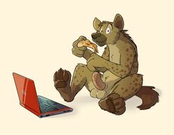 1boy anthro balls computer eating erection feet food hyena laptop looking_at_viewer male male_only mammal nude paintfox pawpads paws penis pizza simple_background solo