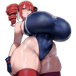 ai_generated hi_res huge_breasts kasane_teto low-angle_view one-piece_swimsuit red_eyes red_hair sweat thick_thighs thighhighs thighs wide_hips