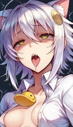 ahe_gao cat_ears cat_girl cleavage drooling large_breasts open_mouth sharp_teeth short_hair sticking_out_tongue tears tongue_out white_hair white_shirt