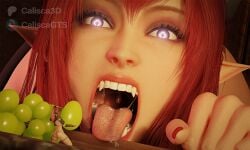 2girls 3d calisca3d daemon_girl fangs grapes mouth open_mouth primrose saliva saliva_string servant sinia slave slavegirl spit teeth throat tongue tongue_out uvula vore