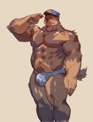 2024 abs absurd_res anthro beard blush bulge canid canine canis clothed clothing dog_x_bloods domestic_dog embarrassed facial_hair gay german_shepherd gesture herding_dog hi_res male mammal muscular muscular_male nipples pastoral_dog pawpads pecs police police_hat police_officer salute simple_background skimpy solo standing the_cop_(dog_x_bloods) three-quarter_view tight_underwear underwear zhengshizi