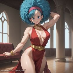 1girls afro ai_generated armpits artist_name blue_hair bulma_briefs cleavage clothed clothing colored digital_media_(artwork) dragon_ball_z dress female female_focus female_only pelvic_curtain psyopsai sfw solo solo_focus watermark