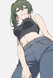 ai_assisted ai_generated belly_button big_breasts blue_eyes earrings frieren_beyond_journey's_end green_hair jeans looking_away picowan11 ponytail slim_waist sousou_no_frieren teenager thick_thighs tied_hair tight_clothing tight_fit top ubel_(sousou_no_frieren) underboob viewed_from_below