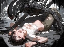 ai_generated alien alien_(franchise) belly belly_bulge black_hair female pregnant shirt xenomorph