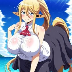 1girls ai_generated aigbrea blue_eyes blush centaur centorea_shianus clouds large_breasts long_hair monster_girl monster_musume_no_iru_nichijou nipple_bulge ponytail sleeveless_shirt smile tagme taur water yellow_hair