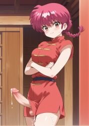 1futa ai_generated balls breasts censored clothed clothing cum cum_on_breasts dickgirl ejaculation erect erect_nipples erect_penis erection futanari human intersex light-skinned_futanari light_skin long_penis penis ranma-chan ranma_1/2 ranma_saotome red_eyes red_hair scrotum short_hair solo solo_futa testicles veiny_penis