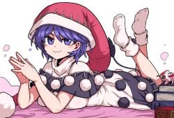 1girls :3 breasts doremy_sweet large_breasts nightcap on_bed purple_eyes purple_hair smug sweater tapir_tail turtleneck white_sweater