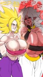 2girls android_21 areola areola_slip areolae blush breast_growth breast_squeeze breasts breasts_bigger_than_head busty caulifla curvy dialogue dragon_ball dragon_ball_fighterz dragon_ball_super fakeryway huge_breasts majin_android_21 nipple_bulge pink_skin saiyan seductive stomach super_saiyan thick