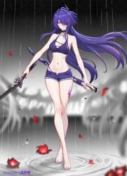 1girls acheron_(honkai:_star_rail) adult adult_female ankles bare_arms bare_belly bare_calves bare_chest bare_hands bare_hips bare_knees bare_legs bare_midriff bare_navel bare_shoulders bare_skin bare_soles bare_thighs bare_toes bare_torso barefoot belly belly_button bikini bikini_top black_choker breasts busty busty_female busty_girl calves choker cleavage collarbone curvy curvy_body curvy_female curvy_figure curvy_hips dark_background dot_nose earrings exposed_arms exposed_belly exposed_chest exposed_hands exposed_hips exposed_legs exposed_midriff exposed_navel exposed_shoulders exposed_skin exposed_thighs exposed_toes exposed_torso fair_skin feet female female_focus female_only fingernails fingers full_body grey_background hair_ornament hair_ornaments hair_over_one_eye high_resolution highres honkai:_star_rail honkai_(series) hourglass_figure jean_shorts knees lean_body lean_figure legs light-skined_female light-skinned light-skinned_female light_skin light_skin_female light_skinned light_skinned_female lips long_hair looking_at_viewer mature mature_female medium_breasts nail_polish nails narrow_waist navel pale pale-skinned_female pale_skin pale_skinned_female parted_bangs purple_bikini purple_bikini_top purple_eyebrows purple_eyes purple_eyes_female purple_fingernails purple_hair purple_hair_female purple_nail_polish purple_nails purple_shorts purple_swimsuit purple_swimwear purple_toenail_polish purple_toenails rain raining shorts shoulders slender_body slender_waist slim_girl slim_waist smooth_skin solo standing swimsuit swimwear sword thick_thighs thighs thin_waist toenail_polish toenails toes weapon white-skinned_female white_skin white_skinned_female wide_hips yunkaiming