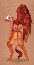 alternate_species animal_genitalia animal_humanoid anthro anthrofied anus avian beak blush brown_feathers brown_fur claws feathered_wings feathers feline female friendship_is_magic fuchs fur gilda_(mlp) gryphon hair hi_res humanoid lion looking_at_viewer looking_back mammal my_little_pony nude open_mouth paws presenting purple_feathers purple_hair pussy raised_tail signature solo standing talons white_feathers white_hair wings yellow_eyes