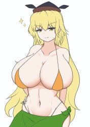 artist_request belly belly_button big_breasts bikini blonde_hair breasts breasts_bigger_than_head curvy curvy_figure goddess hand_on_hip hat huge_breasts light-skinned_female light_skin long_hair okina_matara touhou yellow_eyes