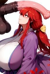 ai_generated animal_genitalia animal_penis bow hair_ribbon hairbow horse horse_penis horsecock huge_breasts kimono kotohime kotohime_(touhou) low-tied_long_hair penis_on_head ponytail purple_coat purple_kimono red_eyes red_hair ribbon touhou touhou_(pc-98) white_kimono yellow_bow yellow_ribbon