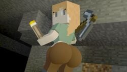 1girls alex_(minecraft) big_ass bubble_butt cave looking_at_viewer looking_back minecraft pickaxe pov torch