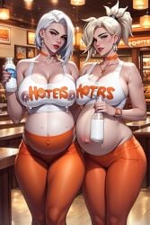 2girls ai_generated ashe_(overwatch) blonde_hair bottle hooters hooters_uniform lactating lactation lactation_through_clothes mercy milk overwatch pregnant pregnant_belly pregnant_female restaurant white_hair white_skin