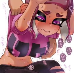 belly_button big_breasts blush breasts groping groping_breasts groping_from_behind heart-shaped_pupils ikachangenema midriff nervous nervous_smile octoling octoling_girl splatoon sweat