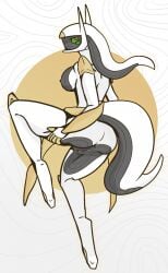 anthro arceus ass big_breasts big_butt breasts dima_(artist) eyelashes featureless_feet feet female generation_4_pokemon genitals green_sclera grey_body grey_nipples hi_res legendary_pokemon long_tail looking_at_viewer looking_back looking_back_at_viewer nintendo nipples nude pokemon pokemon_(species) pussy rear_view red_eyes simple_background solo tail thick_thighs white_background white_body wide_hips yellow_background yellow_body