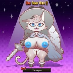 2024 anemonemisc animal_humanoid anthro armor belt_buckle big_breasts blue_eyes blue_nipples breasts buckle cape clothed clothing d'artanyan_(the_battle_cats) digital_drawing_(artwork) digital_media_(artwork) dildo_sword english_text facial_tuft felid feline felis female footwear fur genitals hair hat headgear headwear holding_melee_weapon holding_object holding_sword holding_weapon humanoid looking_at_viewer mammal melee_weapon metal_armor mostly_nude nipples partially_clothed pockets pussy shaded shoes simple_background solo sword tail text text_box the_battle_cats thick_thighs tuft weapon white_body white_fur