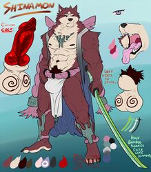 2017 abs animal_genitalia animal_penis anthro balls black_nose blue_background bulge canine canine_penis erection hand_on_belt hand_on_hip holding_object hungothenomster knot looking_aside male mammal markings melee_weapon model_sheet muscular penis red_penis red_skin sharp_teeth sheath shinamon simple_background solo standing sword teeth tongue tongue_out weapon wolf