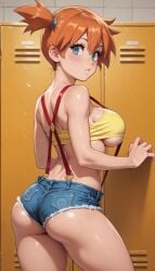 ai_generated ass back_view kasumi_(pokemon) large_breasts locker locker_room looking_pleasured nintendo orange_hair pokemon shorts sweat thick_thighs underboob yellow_shirt