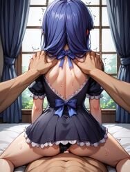 07th_expansion ai_generated black_dress black_panties blue_hair blue_ribbon deep_penetration facing_away forest_background frederica_bernkastel frills hands_on_another's_shoulders long_hair looking_away pov reverse_cowgirl_position sex shoulder_grab trembling umineko_no_naku_koro_ni window