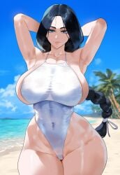 arms_behind_head beach black bleach blue_eyes braided_hair casual_one-piece_swimsuit creamy_ai curvy hair hourglass_figure long one-piece_swimsuit thick_thighs unohana_retsu wide_hips