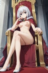 absurd_res ai_generated blue_eyes breasts cape completely_naked completely_nude completely_nude_female crossed_legs crown date_a_live emotionless exhibitionism expressionless hair_clips hand_on_cheek hand_on_own_cheek hand_on_own_face high_heels highres kuudere midriff naked naked_cape navel nipples nude public public_indecency public_nudity pussy queen red_cape short_hair sitting_on_throne stable_diffusion tagme thighs throne tobiichi_origami white_hair white_high_heels