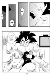 1boy 1girls ass big_ass black_and_white chichi comic dragon_ball dragon_ball_super dragon_ball_z funsexydragonball monochrome muscular_male nipples page_22 son_goku sucking_penis