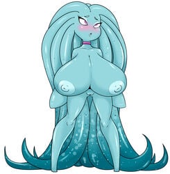 alien big_breasts blue_nipples blue_skin blush breasts female huge_breasts nipples pink_eyes pussy reiduran solo tentacle tentacle_hair